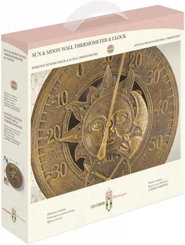 Decorative sun and moon clock mounted on a garden wall