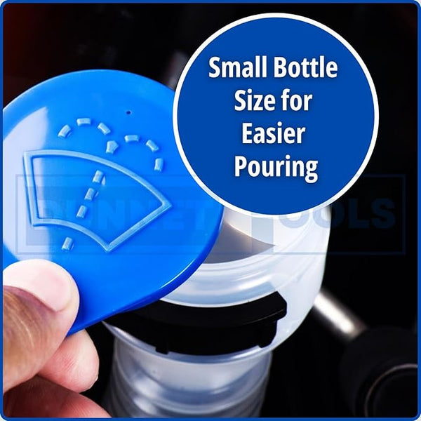 Blue cap being held over a small bottle with text 'Small Bottle Size for Easier Pouring'.