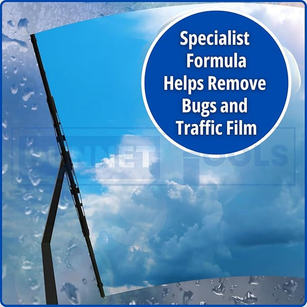 Wiper blade on a car window with text about removing bugs and traffic film.