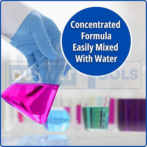 Person in blue gloves holding a pink beaker with text about concentrated formula and water mixing.