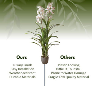 White artificial orchid with lifelike green foliage