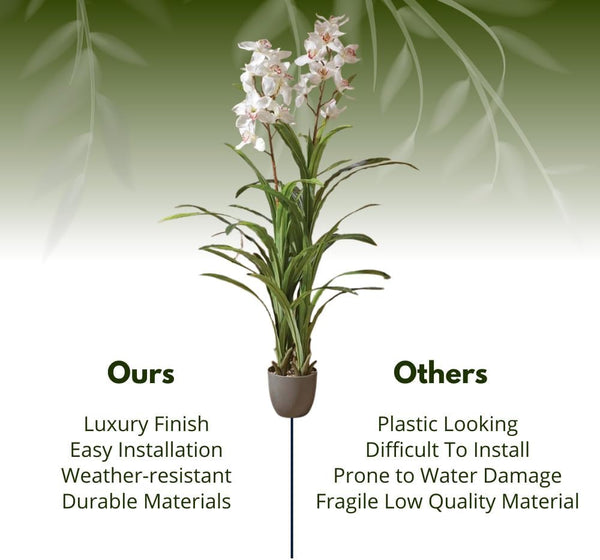 White artificial orchid with lifelike green foliage
