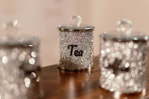 Silver sparkle tea canister shown from the front