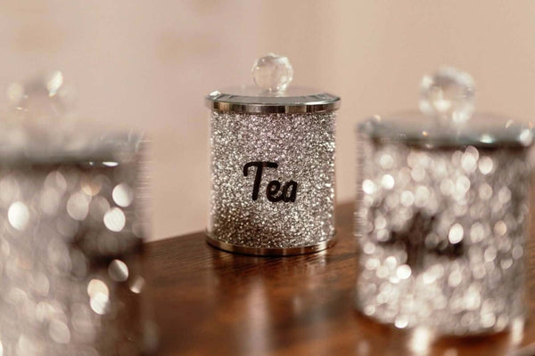 Silver sparkle tea canister shown from the front