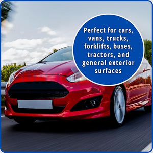 Red car on a road with a blue circle containing text about product use.