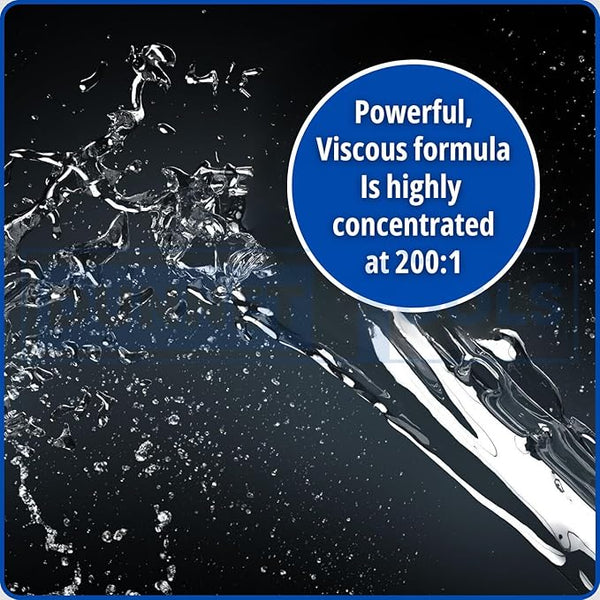 Clear liquid being poured with a blue label indicating a powerful, viscous formula at 200:1 concentration.