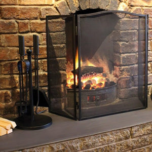 Three panel black foldable steel fire screen