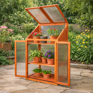 Polycarbonate plant house positioned beside garden greenery