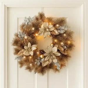 Decorative wreath with flowers and lights on a white door