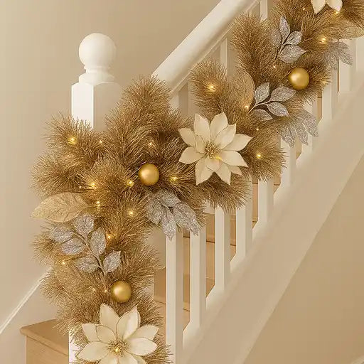 Decorative garland with gold balls, white flowers, and lights on a staircase.