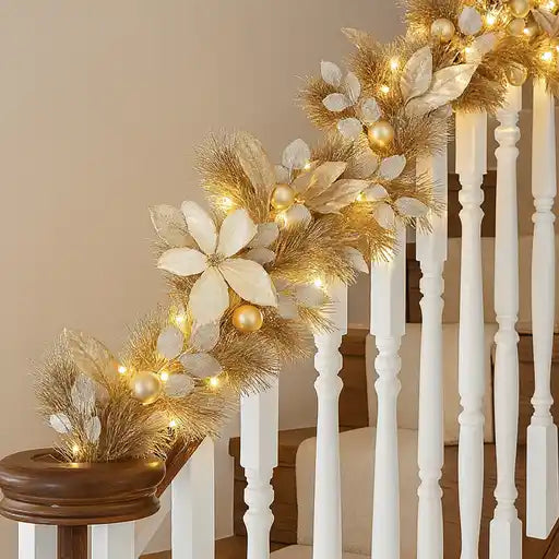 Decorative garland with gold balls, white flowers, and lights on a staircase.
