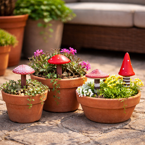 Red mushroom garden ornaments displayed in a rockery