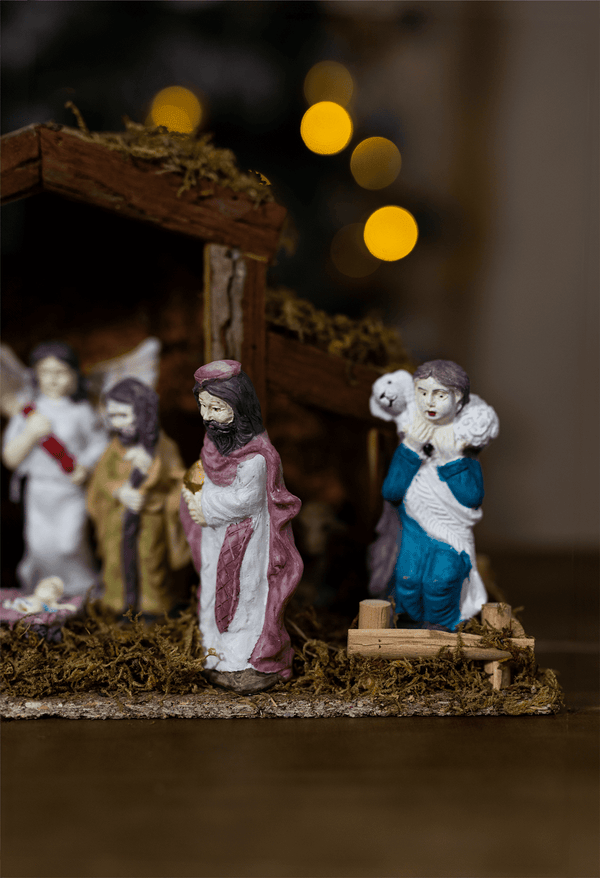 Multicoloured resin Christmas Nativity decoration displayed indoors