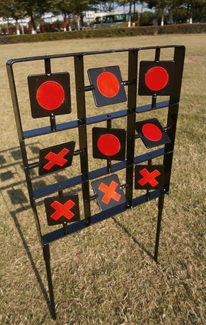 Steel dueling target with tic tac toe design