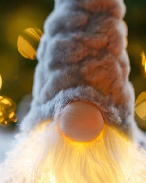 Close-up of a decorative gnome with a blurred bokeh background