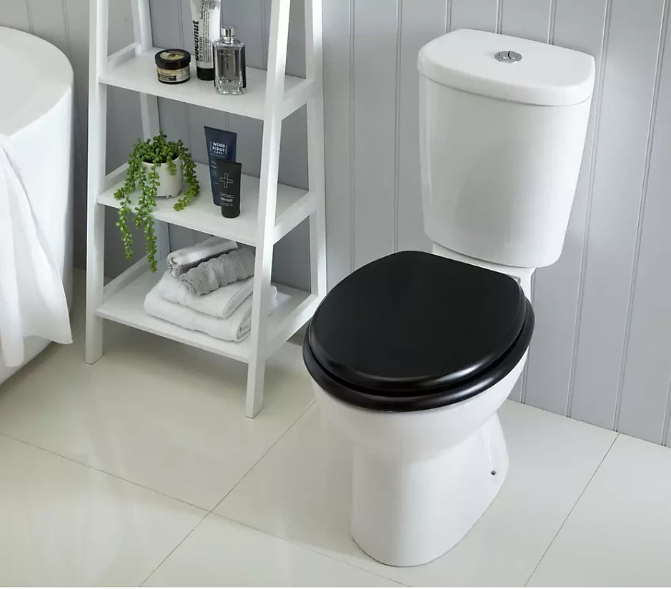 White toilet with black seat in a bathroom setting with a shelf and plants.