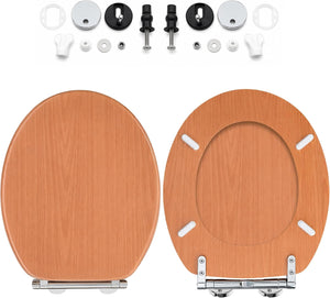Rustic dark pine toilet seat installed in bathroom