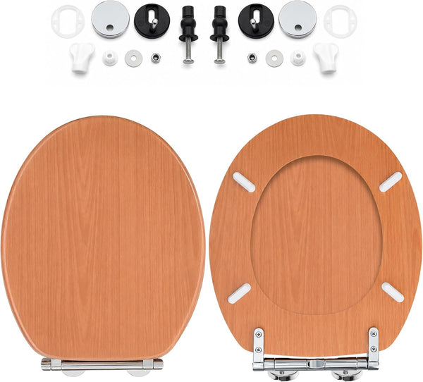 Rustic dark pine toilet seat installed in bathroom