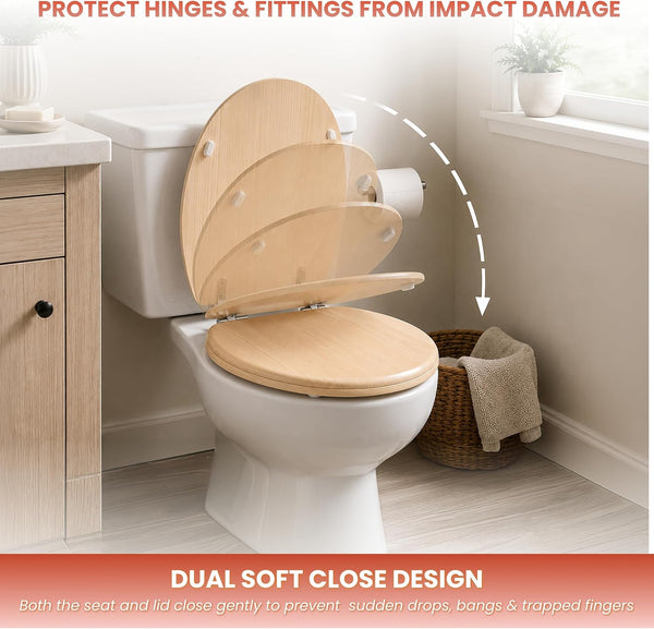 Universal oval toilet seat with realistic light wood finish
