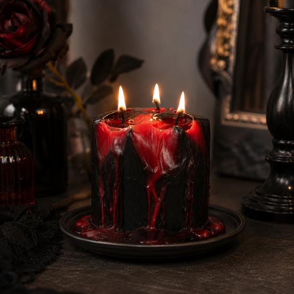 A black wax candle with three flames, decorated with dripping red wax, sitting on a dark plate on a dark tabletop.