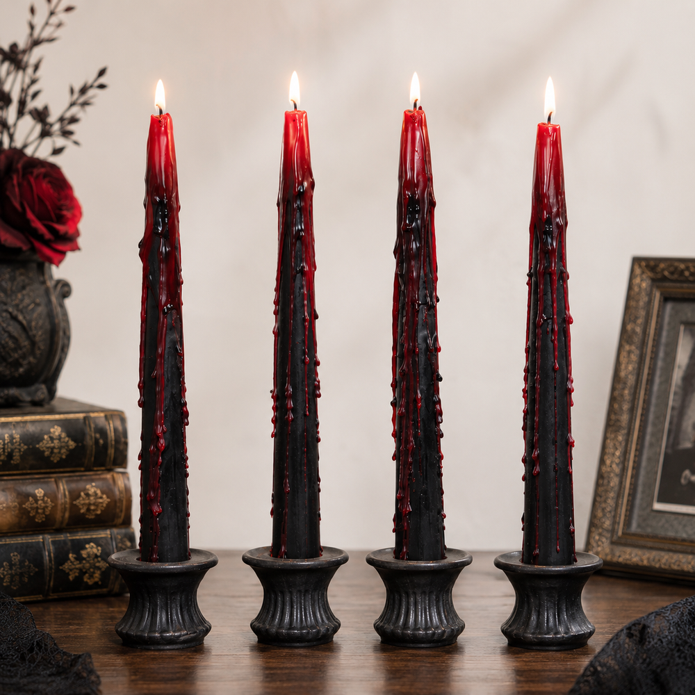 Four vampire blood effect taper candles for Halloween