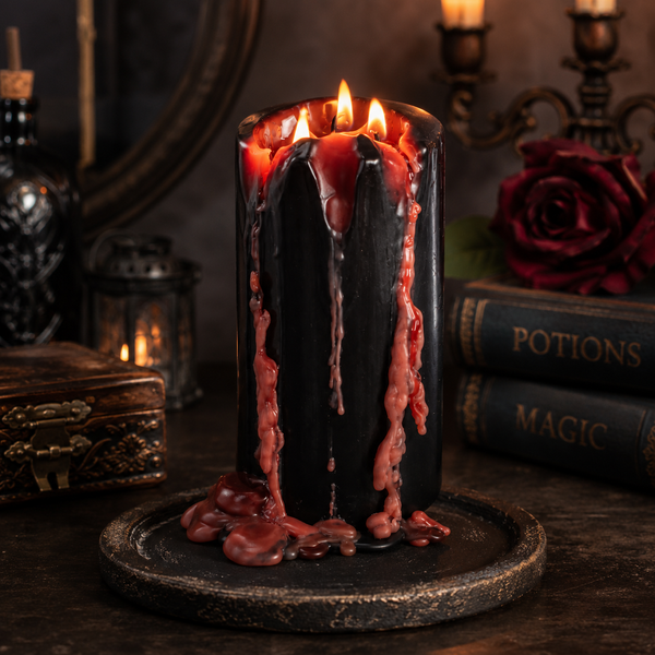 Tall gothic candle creating atmospheric indoor lighting