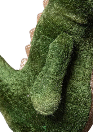 Plush festive dinosaur decoration shown from front