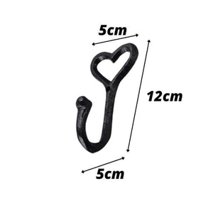 Black heart-shaped hook with measurements on a white background