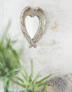 Vintage style silver heart mirror with wings