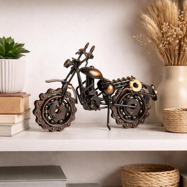 Decorative metal motorcycle display for man cave shelves