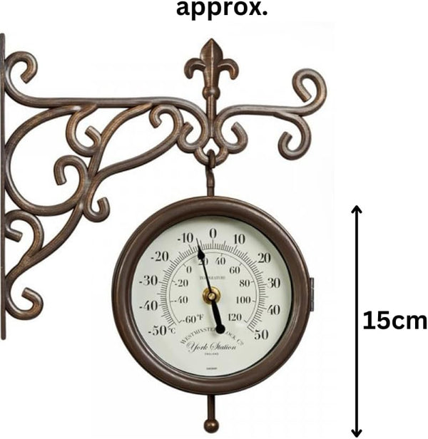 Weather resistant outdoor clock mounted on wall bracket