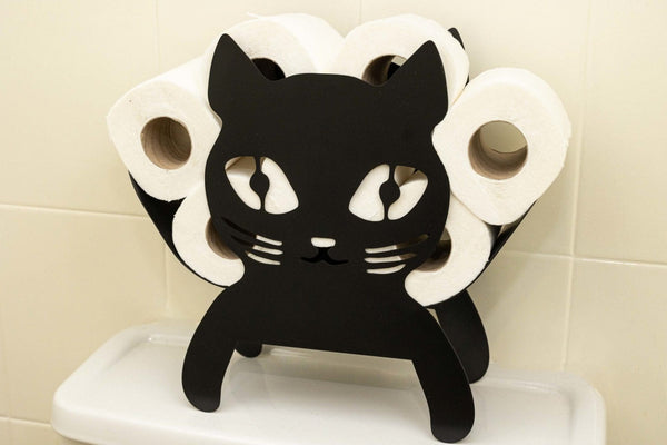 Black powder coated cat bathroom roll holder