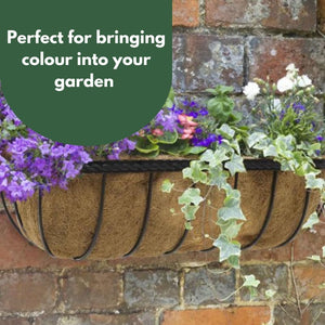 Black metal wall basket enhancing an outdoor garden space.