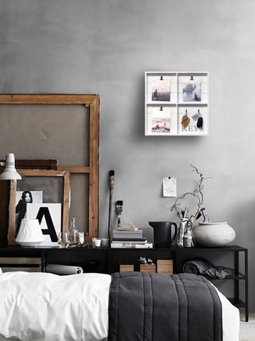 Wall mounted wooden key holder with photo clips