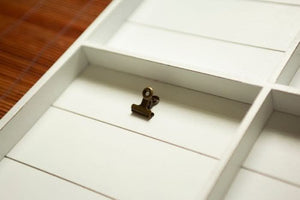 Wooden wall organiser with key hooks and photo clips