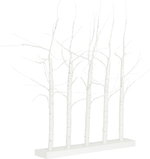 Illuminated birch branches displayed on a wooden base