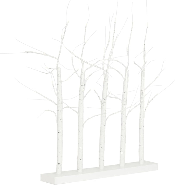 Illuminated birch branches displayed on a wooden base
