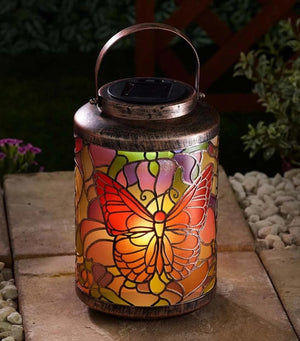 Hanging solar garden lantern with stained glass effect