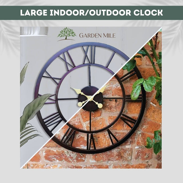 Large black outdoor clock displayed on a garden wall