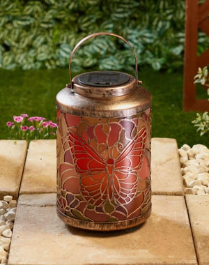 Solar powered hanging lantern with butterfly design