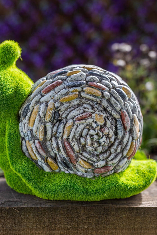 Weather resistant snail garden ornament shown from front