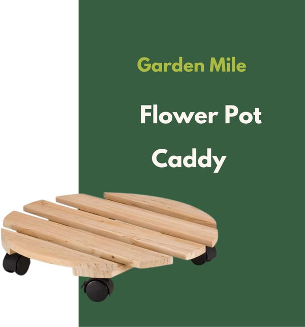 Mobile wooden plant stand for indoor houseplants.