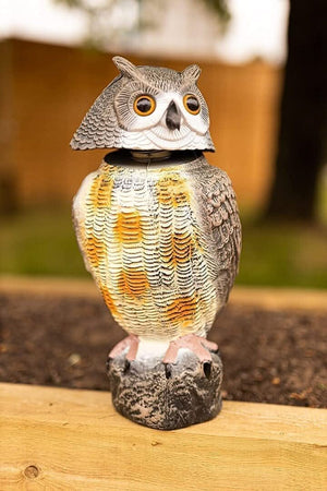 Plastic owl figurine on a wooden surface with a blurred natural background