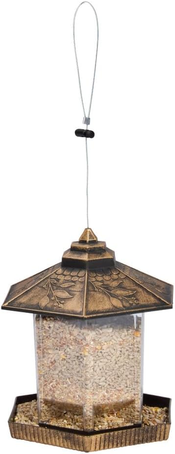 Gazebo hanging bird feeder with transparent seed container