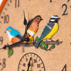 Vintage garden clock and thermometer shown outdoors
