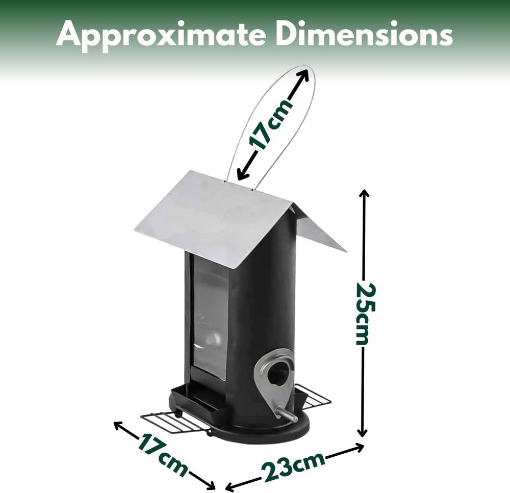 Metal hanging bird seed feeder with four feeding ports.