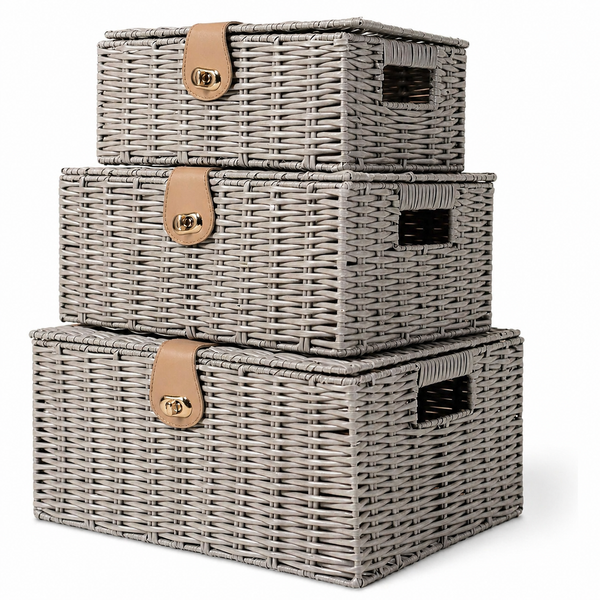 3 Grey Wicker Storage Baskets – Resin Woven Hamper Storage Boxes