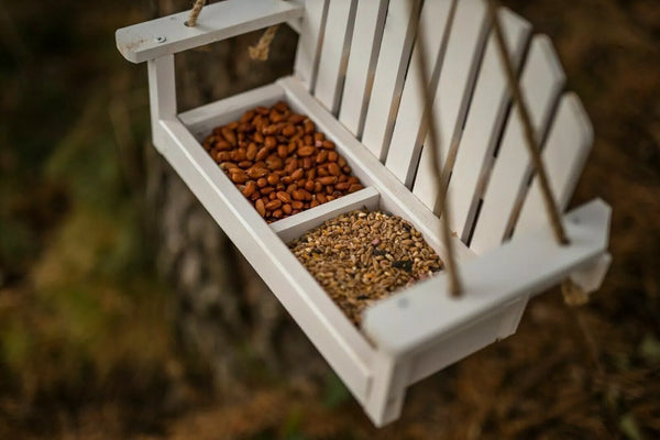 Miniature bench bird feeder hanging in a garden