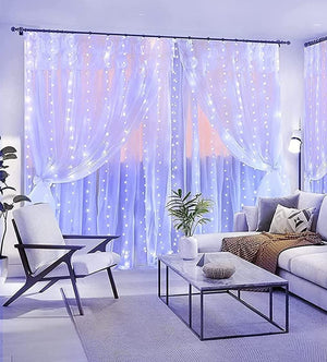 White LED curtain string lights with waterfall hanging design