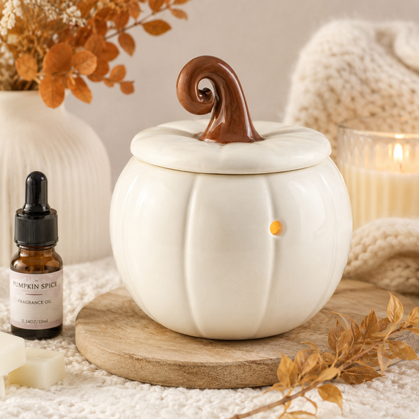 A white ceramic pumpkin-shaped fragrance oil holder with a brown stem handle and lid, styled on a wooden coaster with a small amber dropper bottle, dried leaves, and a lit candle in a cozy indoor setting.